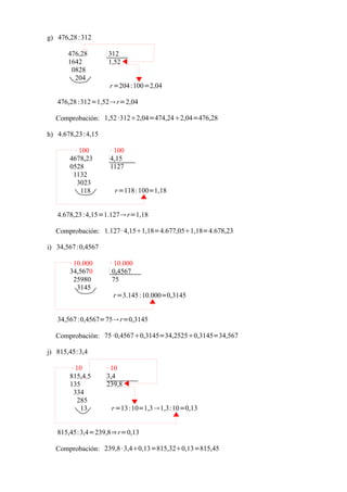 g) 476,28 :312

      476,28        312
      1642          1,52
       0828
        204
                     r =204 :100=2,04

   476,28 :312=1,52 r=2,04

  Comprobación: 1,52 ·3122,04=474,242,04=476,28

h) 4.678,23 :4,15

         · 100       · 100
       4678,23       4,15
       0528          1127
        1132
          3023
            118       r =118: 100=1,18


   4.678,23 :4,15=1.127 r=1,18

  Comprobación: 1.127· 4,151,18=4.677,051,18=4.678,23

i) 34,567 :0,4567

       · 10.000      · 10.000
       34,5670        0,4567
         25980        75
          3145
                      r =3.145 :10.000=0,3145


   34,567 :0,4567=75 r=0,3145

  Comprobación: 75 ·0,45670,3145=34,25250,3145=34,567

j) 815,45:3,4

        · 10        · 10
       815,4,5      3,4
       135          239,8
         334
           285
            13       r =13 :10=1,3 1,3:10=0,13


   815,45:3,4=239,8⇒ r=0,13

  Comprobación: 239,8 · 3,40,13=815,320,13=815,45
 