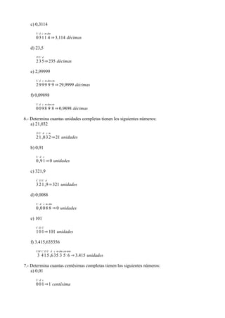 c) 0,3114
      U d c m dm
      0 3 1 1 4 ⇒ 3,114 décimas

   d) 23,5
      DU d
      2 3 5 ⇒ 235 décimas

   e) 2,99999
      U d c m dm cm
      2 9 9 9 9 9 ⇒ 29,9999 décimas

   f) 0,09898
      U d c m dm cm
      0 0 9 8 9 8 ⇒ 0,9898 décimas

6.- Determina cuantas unidades completas tienen los siguientes números:
    a) 21,032
      DU d c m
      2 1 ,0 3 2 ⇒21 unidades

   b) 0,91
      U d c
      0 ,9 1 ⇒ 0 unidades

   c) 321,9
      C DU d
      3 2 1 ,9 ⇒ 321 unidades

   d) 0,0088
      U d c m dm
      0 ,0 0 8 8 ⇒ 0 unidades

   e) 101
      CDU
      1 0 1 ⇒ 101 unidades

   f) 3.415,635356
      UM C D U d c m dm cm mm
       3 4 1 5 ,6 3 5 3 5 6 ⇒ 3.415 unidades

7.- Determina cuantas centésimas completas tienen los siguientes números:
    a) 0,01
      U d c
      0 0 1 ⇒1 centésima
 