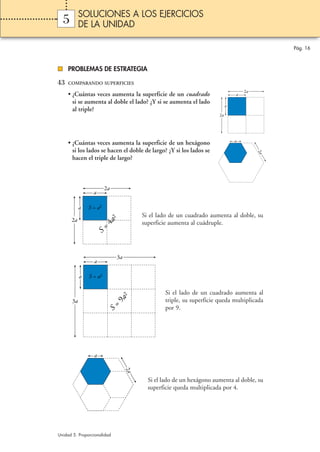 SOLUCIONES A LOS EJERCICIOS
  5        DE LA UNIDAD

                                                                                                Pág. 16



     PROBLEMAS DE ESTRATEGIA

43   COMPARANDO SUPERFICIES
                                                                                      2a
     • ¿Cuántas veces aumenta la superficie de un cuadrado                        a
       si se aumenta al doble el lado? ¿Y si se aumenta el lado
                                                                              a
       al triple?
                                                                         2a




                                                                                  a
     • ¿Cuántas veces aumenta la superficie de un hexágono
       si los lados se hacen el doble de largo? ¿Y si los lados se




                                                                                           2a
       hacen el triple de largo?



                        2a
                 a

           a   S = a2
                                           Si el lado de un cuadrado aumenta al doble, su
                             2




      2a
                        4a




                                           superficie aumenta al cuádruple.
                     =
                  S




                                 3a
                 a

           a   S = a2

                                                   Si el lado de un cuadrado aumenta al
                                  2
                             9a




      3a                                           triple, su superficie queda multiplicada
                             =




                                                   por 9.
                         S




                 a
                                      2a




                                             Si el lado de un hexágono aumenta al doble, su
                                             superficie queda multiplicada por 4.




Unidad 5. Proporcionalidad
 