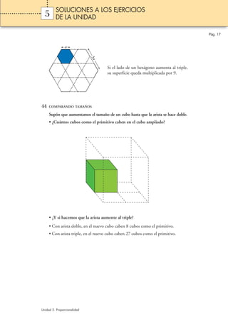SOLUCIONES A LOS EJERCICIOS
  5      DE LA UNIDAD

                                                                                     Pág. 17


                a




                             3a
                                      Si el lado de un hexágono aumenta al triple,
                                      su superficie queda multiplicada por 9.




44   COMPARANDO TAMAÑOS

     Supón que aumentamos el tamaño de un cubo hasta que la arista se hace doble.
     • ¿Cuántos cubos como el primitivo caben en el cubo ampliado?




     • ¿Y si hacemos que la arista aumente al triple?
     • Con arista doble, en el nuevo cubo caben 8 cubos como el primitivo.
     • Con arista triple, en el nuevo cubo caben 27 cubos como el primitivo.




Unidad 5. Proporcionalidad
 