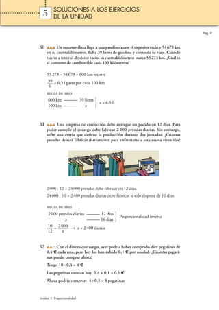SOLUCIONES A LOS EJERCICIOS
  5      DE LA UNIDAD

                                                                                       Pág. 9



30         Un automovilista llega a una gasolinera con el depósito vacío y 54 673 km
     en su cuentakilómetros. Echa 39 litros de gasolina y continúa su viaje. Cuando
     vuelve a tener el depósito vacío, su cuentakilómetros marca 55 273 km. ¿Cuál es
     el consumo de combustible cada 100 kilómetros?

     55 273 – 54 673 = 600 km recorre
     39 = 6,5 l gasta por cada 100 km
      6
     REGLA DE TRES

      600 km ——— 39 litros 
                            x = 6,5 l
      100 km ———    x      



31         Una empresa de confección debe entregar un pedido en 12 días. Para
     poder cumplir el encargo debe fabricar 2 000 prendas diarias. Sin embargo,
     sufre una avería que detiene la producción durante dos jornadas. ¿Cuántas
     prendas deberá fabricar diariamente para enfrentarse a esta nueva situación?




     2 000 · 12 = 24 000 prendas debe fabricar en 12 días.
     24 000 : 10 = 2 400 prendas diarias debe fabricar si solo dispone de 10 días.

     REGLA DE TRES

      2000 prendas diarias ——— 12 días 
                                        Proporcionalidad inversa
               x           ——— 10 días 
      10 = 2000 → x = 2 400 diarias
      12     x


32        Con el dinero que tengo, ayer podría haber comprado diez pegatinas de
     0,4 € cada una, pero hoy las han subido 0,1 € por unidad. ¿Cuántas pegati-
     nas puedo comprar ahora?
     Tengo 10 · 0,4 = 4 €
     Las pegatinas cuestan hoy 0,4 + 0,1 = 0,5 €
     Ahora podría comprar: 4 : 0,5 = 8 pegatinas


Unidad 5. Proporcionalidad
 