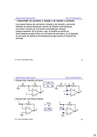Amplificador Operacional                                                     Ejercicios Resueltos
 > Convertidor de corriente a tensión y de tensión a corriente
 Los convertidores de corriente a tensión y de tensión a corriente
 también se suelen denominar fuente de tensión controlada por
 corriente y fuente de corriente controlada por tensión
 respectivamente. En el primer caso, la tensión de salida es
 directamente proporcional a la corriente de entrada y, en el segundo,
 la corriente de salida es directamente proporcional a la tensión de
 entrada.




Fco. Javier Hernández Canals                                                                            19




 Amplificador Operacional                                                     Ejercicios Resueltos
> Convertidor tensión-corriente.
           R                       RL                vi -0 vi        R    vi        is       RL
                                              is =        =
                                                      R R

                               -         v0                                              -             v0
                 vi            +                                         vi              +

> Convertidor corriente-tensión.
    ie         R                                                ie                  R
                                                    0-v0
                                               ie =
                                                     R
                  -                                             0V
                                    v0         v0 =-R·ie                        -                 v0
                  +                                                             +


Fco. Javier Hernández Canals                                                                           20




                                                                                                             10
 