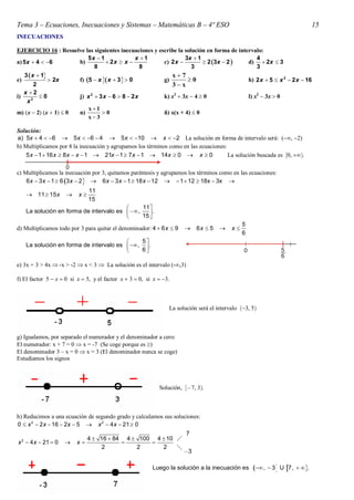 Tema 3 – Ecuaciones, Inecuaciones y Sistemas – Matemáticas B – 4º ESO                                                            15
INECUACIONES

EJERCICIO 16 : Resuelve las siguientes inecuaciones y escribe la solución en forma de intervalo:
                           5x  1               x 1             3x  1                       4
a) 5x  4  6         b)           2x  x            c) 2 x          2 3x  2      d)  2x  3
                              8                   8                 3                         3
   3 x  1                                               x7
e)            2x      f) 5  x x  3   0          g)        0                      h) 2 x  5  x 2  2 x  16
       2                                                   3x
   x 2
i)       0            j) x 2  3 x  6  8  2 x       k) x2  3x  4  0                l) x2  3x  0
    x2
                           x 1
m) x  2 x  1  0 n)        0                     ñ) x(x + 4)  0
                           x3

Solución:
a) 5x  4  6  5 x  6  4  5 x  10  x  2 La solución en forma de intervalo será: , 2
b) Multiplicamos por 8 la inecuación y agrupamos los términos como en las ecuaciones:
    5 x  1  16 x  8 x  x  1  21x  1  7 x  1  14 x  0  x  0               La solución buscada es 0, .

c) Multiplicamos la inecuación por 3, quitamos paréntesis y agrupamos los términos como en las ecuaciones:
    6 x  3 x  1  6 3 x  2   6 x  3 x  1  18 x  12   1  12  18x  3x 
                               11
     11  15 x          x
                               15
                                              11 
   La solución en forma de intervalo es   ,      .
                                              15 
                                                  
                                                                                                5
d) Multiplicamos todo por 3 para quitar el denominador: 4  6 x  9        6x  5        x
                                                                                                6
                                             5
   La solución en forma de intervalo es   ,  .
                                             6

e) 3x + 3 > 4x  -x > -2  x < 3  La solución es el intervalo (-,3)

f) El factor 5  x  0 si x  5, y el factor x  3  0, si x  3.



                                                                 La solución será el intervalo 3, 5



g) Igualamos, por separado el numerador y el denominador a cero:
El numerador: x + 7 = 0  x = -7 (Se coge porque es )
El denominador 3 – x = 0  x = 3 (El denominador nunca se coge)
Estudiamos los signos



                                                             Solución, 7, 3.



h) Reducimos a una ecuación de segundo grado y calculamos sus soluciones:
0  x 2  2 x  16  2x  5  x 2  4 x  21  0
                                                                   7
                            4  16  84 4  100 4  10 
x 2  4 x  21  0  x                              
                                 2              2        2     
                                                                  3

                                                          Luego la solución a la inecuación es       ,    3  U 7,   .
 