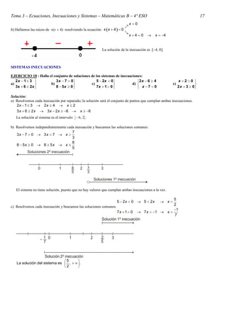 Tema 3 – Ecuaciones, Inecuaciones y Sistemas – Matemáticas B – 4º ESO                                                      17
                                                                                 x 0
                                                                             
ñ) Hallamos las raíces de xx  4 resolviendo la ecuación: x x  4   0
                                                                             
                                                                                 x40      x  4


                                                           La solución de la inecuación es 4, 0.



SISTEMAS INECUACIONES

EJERCICIO 18 : Halla el conjunto de soluciones de los sistemas de inecuaciones:
   2x  1  3           3 x  7  0             5  2x  0               2 x  6  4                    x 20 
a)                   b)                      c)                       d)                           e)              
   3x  6  2x          8  5x  0              7x  1  0                x 7  0                      2 x  3  0

Solución:
a) Resolvemos cada inecuación por separado; la solución será el conjunto de puntos que cumplan ambas inecuaciones.
   2x  1  3  2x  4  x  2
   3 x  6  2 x  3 x  2 x  6  x  6
   La solución al sistema es el intervalo 6, 2.

b) Resolvemos independientemente cada inecuación y buscamos las soluciones comunes:
                                    7
   3x  7  0  3x  7  x 
                                    3
                                    8
   8  5x  0  8  5 x  x 
                                    5




   El sistema no tiene solución, puesto que no hay valores que cumplan ambas inecuaciones a la vez.

                                                                                                     5
                                                                     5  2x  0  5  2x         x
                                                                                                     2
c) Resolvemos cada inecuación y buscamos las soluciones comunes:
                                                                                                     1
                                                                     7x  1  0      7 x  1  x 
                                                                                                     7




                              5      
   La solución del sistema es  ,    .
                              2      
 