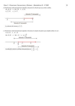 Tema 3 – Ecuaciones, Inecuaciones y Sistemas – Matemáticas B – 4º ESO                                     18
d) Resolvemos cada inecuación por separado y buscamos la solución que sea común a ambas:
   2 x  6  4  2 x  10  x  5
   x 7  0      x 7




   La solución del sistema es 5, 7.


e) Resolvemos cada inecuación por separado y buscamos el conjunto de puntos que cumplen ambas a la vez:
    x  2  0  x  2
                                        3
   2 x  3  0  2 x  3  x 
                                        2




                                              3      
   La solución común a ambas inecuaciones es  ,    .
                                              2      
 