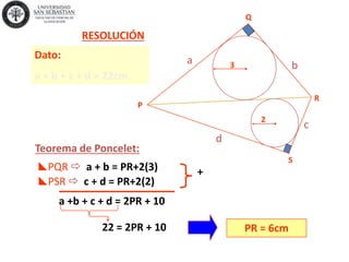 Teorema de Poncelet:
a b
c
d
PQR  a + b = PR+2(3) +
a +b + c + d = 2PR + 10
PR = 6cm
Dato:
a + b + c + d = 22cm
PSR  c + d = PR+2(2)
22 = 2PR + 10
RESOLUCIÓN
P
Q
R
S
2
3
 