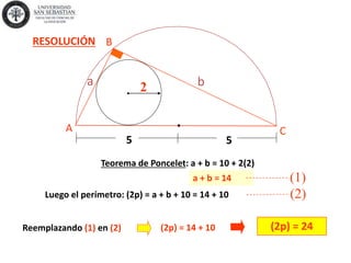 Teorema de Poncelet: a + b = 10 + 2(2)
Luego el perímetro: (2p) = a + b + 10 = 14 + 10
(2p) = 24
RESOLUCIÓN
2
5 5
A
B
C
a b
a + b = 14 (1)
(2)
Reemplazando (1) en (2) (2p) = 14 + 10
 