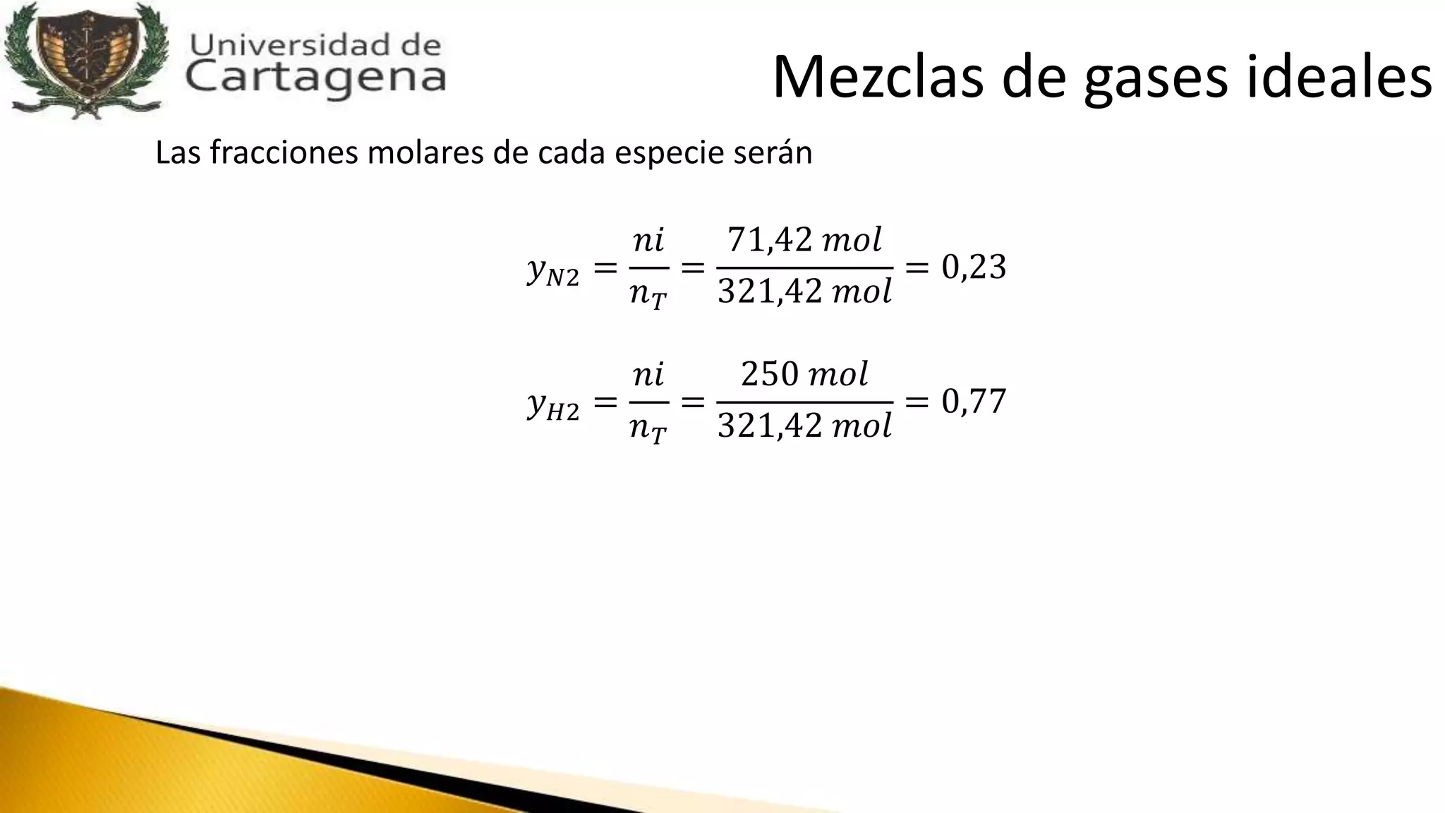 Las fracciones molares de cada especie serán
𝑦 𝑁2 =
𝑛𝑖
𝑛 𝑇
=
71,42 𝑚𝑜𝑙
321,42 𝑚𝑜𝑙
= 0,23
𝑦 𝐻2 =
𝑛𝑖
𝑛 𝑇
=
250 𝑚𝑜𝑙
321,42 𝑚𝑜𝑙
= 0,77
Mezclas de gases ideales
 