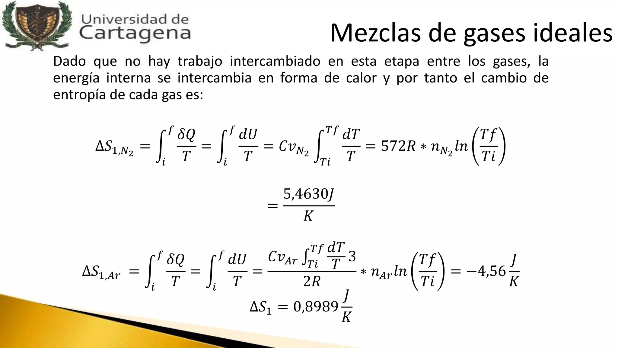 Dado que no hay trabajo intercambiado en esta etapa entre los gases, la
energía interna se intercambia en forma de calor y por tanto el cambio de
entropía de cada gas es:
∆𝑆1,𝑁2
=
𝑖
𝑓
𝛿𝑄
𝑇
=
𝑖
𝑓
𝑑𝑈
𝑇
= 𝐶𝑣 𝑁2
𝑇𝑖
𝑇𝑓
𝑑𝑇
𝑇
= 572𝑅 ∗ 𝑛 𝑁2
𝑙𝑛
𝑇𝑓
𝑇𝑖
=
5,4630𝐽
𝐾
∆𝑆1,𝐴𝑟 =
𝑖
𝑓
𝛿𝑄
𝑇
=
𝑖
𝑓
𝑑𝑈
𝑇
=
𝐶𝑣 𝐴𝑟 𝑇𝑖
𝑇𝑓 𝑑𝑇
𝑇
3
2𝑅
∗ 𝑛 𝐴𝑟 𝑙𝑛
𝑇𝑓
𝑇𝑖
= −4,56
𝐽
𝐾
∆𝑆1 = 0,8989
𝐽
𝐾
Mezclas de gases ideales
 