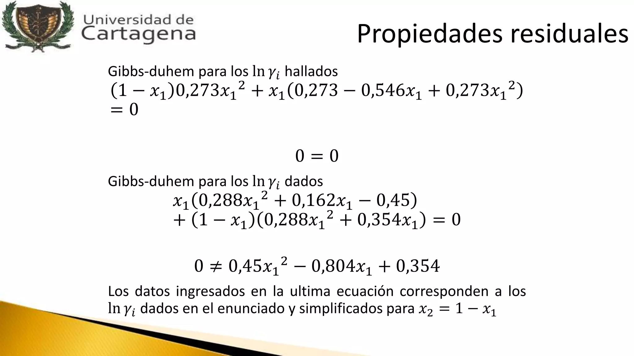 Gibbs-duhem para los ln 𝛾𝑖 hallados
1 − 𝑥1 0,273𝑥1
2
+ 𝑥1 0,273 − 0,546𝑥1 + 0,273𝑥1
2
= 0
0 = 0
Gibbs-duhem para los ln 𝛾𝑖 dados
𝑥1 0,288𝑥1
2 + 0,162𝑥1 − 0,45
+ 1 − 𝑥1 0,288𝑥1
2 + 0,354𝑥1 = 0
0 ≠ 0,45𝑥1
2
− 0,804𝑥1 + 0,354
Los datos ingresados en la ultima ecuación corresponden a los
ln 𝛾𝑖 dados en el enunciado y simplificados para 𝑥2 = 1 − 𝑥1
Propiedades residuales
 