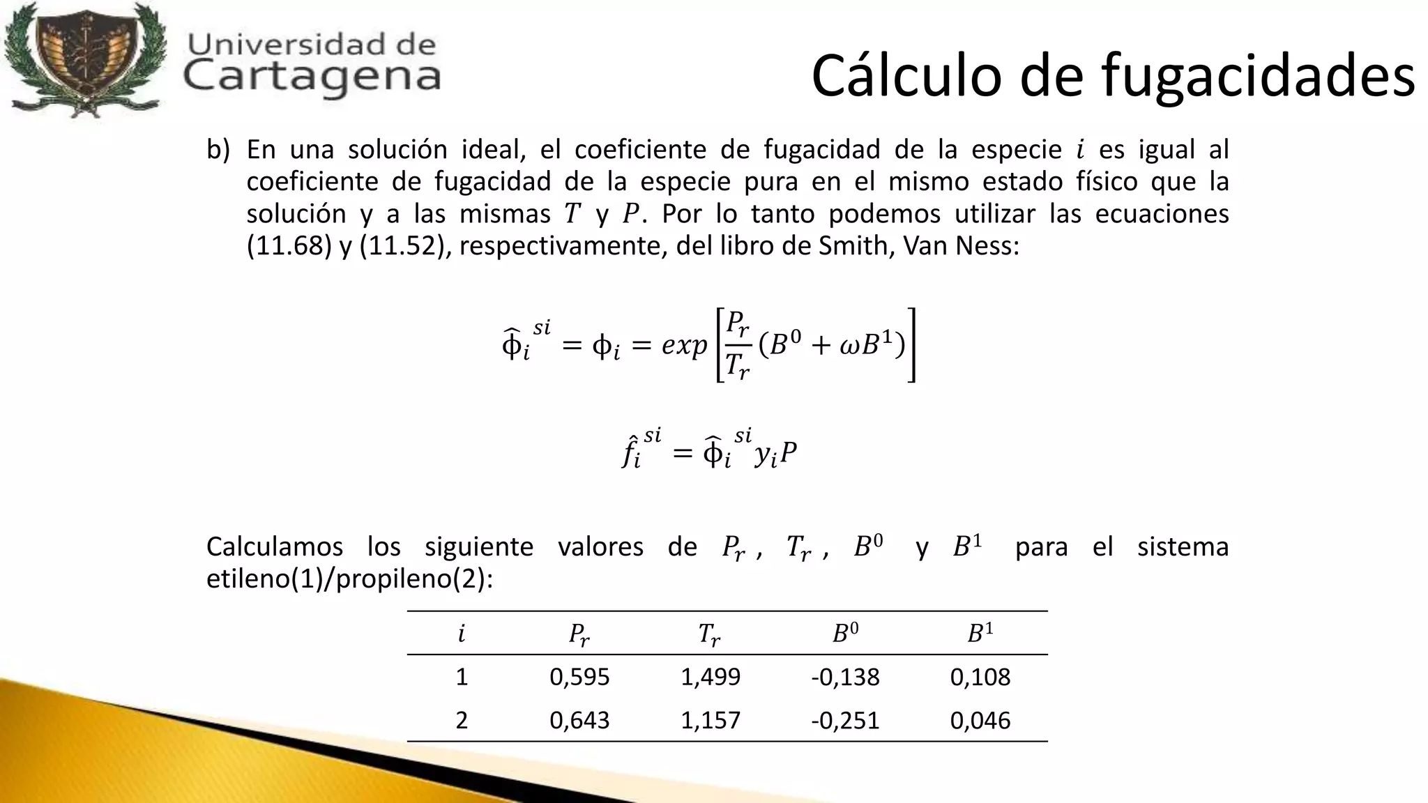 b) En una solución ideal, el coeficiente de fugacidad de la especie 𝑖 es igual al
coeficiente de fugacidad de la especie pura en el mismo estado físico que la
solución y a las mismas 𝑇 y 𝑃. Por lo tanto podemos utilizar las ecuaciones
(11.68) y (11.52), respectivamente, del libro de Smith, Van Ness:
ϕ𝑖
𝑠𝑖
= ϕ𝑖 = 𝑒𝑥𝑝
𝑃𝑟
𝑇𝑟
𝐵0 + 𝜔𝐵1
𝑓𝑖
𝑠𝑖
= ϕ𝑖
𝑠𝑖
𝑦𝑖 𝑃
Calculamos los siguiente valores de 𝑃𝑟 , 𝑇𝑟 , 𝐵0 y 𝐵1 para el sistema
etileno(1)/propileno(2):
𝑖 𝑃𝑟 𝑇𝑟 𝐵0 𝐵1
1 0,595 1,499 -0,138 0,108
2 0,643 1,157 -0,251 0,046
Cálculo de fugacidades
 
