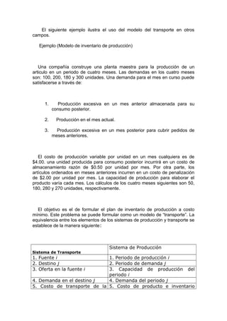 El siguiente ejemplo ilustra el uso del modelo del transporte en otros
campos.
Ejemplo (Modelo de inventario de producción)
Una compañía construye una planta maestra para la producción de un
articulo en un periodo de cuatro meses. Las demandas en los cuatro meses
son: 100, 200, 180 y 300 unidades. Una demanda para el mes en curso puede
satisfacerse a través de:
1. Producción excesiva en un mes anterior almacenada para su
consumo posterior.
2. Producción en el mes actual.
3. Producción excesiva en un mes posterior para cubrir pedidos de
meses anteriores.
El costo de producción variable por unidad en un mes cualquiera es de
$4.00. una unidad producida para consumo posterior incurrirá en un costo de
almacenamiento razón de $0.50 por unidad por mes. Por otra parte, los
artículos ordenados en meses anteriores incurren en un costo de penalización
de $2.00 por unidad por mes. La capacidad de producción para elaborar el
producto varía cada mes. Los cálculos de los cuatro meses siguientes son 50,
180, 280 y 270 unidades, respectivamente.
El objetivo es el de formular el plan de inventario de producción a costo
mínimo. Este problema se puede formular como un modelo de “transporte”. La
equivalencia entre los elementos de los sistemas de producción y transporte se
establece de la manera siguiente:
Sistema de Transporte
Sistema de Producción
1. Fuente i 1. Periodo de producción i
2. Destino j 2. Periodo de demanda j
3. Oferta en la fuente i 3. Capacidad de producción del
periodo i
4. Demanda en el destino j 4. Demanda del periodo j
5. Costo de transporte de la 5. Costo de producto e inventario
 