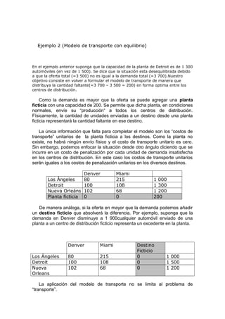Ejemplo 2 (Modelo de transporte con equilibrio)
En el ejemplo anterior suponga que la capacidad de la planta de Detroit es de 1 300
automóviles (en vez de 1 500). Se dice que la situación esta desequilibrada debido
a que la oferta total (=3 500) no es igual a la demanda total (=3 700).Nuestro
objetivo consiste en volver a formular el modelo de transporte de manera que
distribuya la cantidad faltante(=3 700 – 3 500 = 200) en forma optima entre los
centros de distribución.
Como la demanda es mayor que la oferta se puede agregar una planta
ficticia con una capacidad de 200. Se permite que dicha planta, en condiciones
normales, envíe su “producción“ a todos los centros de distribución.
Físicamente, la cantidad de unidades enviadas a un destino desde una planta
ficticia representará la cantidad faltante en ese destino.
La única información que falta para completar el modelo son los “costos de
transporte” unitarios de la planta ficticia a los destinos. Como la planta no
existe, no habrá ningún envío físico y el costo de transporte unitario es cero.
Sin embargo, podemos enfocar la situación desde otro ángulo diciendo que se
incurre en un costo de penalización por cada unidad de demanda insatisfecha
en los centros de distribución. En este caso los costos de transporte unitarios
serán iguales a los costos de penalización unitarios en los diversos destinos.
Denver Miami
Los Ángeles 80 215 1 000
Detroit 100 108 1 300
Nueva Orleáns 102 68 1 200
Planta ficticia 0 0 200
De manera análoga, si la oferta en mayor que la demanda podemos añadir
un destino ficticio que absolverá la diferencia. Por ejemplo, suponga que la
demanda en Denver disminuye a 1 900cualquier automóvil enviado de una
planta a un centro de distribución ficticio representa un excedente en la planta.
Denver Miami Destino
Ficticio
Los Ángeles 80 215 0 1 000
Detroit 100 108 0 1 500
Nueva
Orleans
102 68 0 1 200
La aplicación del modelo de transporte no se limita al problema de
“transporte”.
 