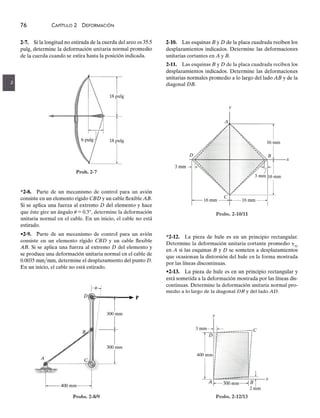 76zyxwvutsrqponmlkjihgfedcbaZYXWVUTSRQPONMLKJIHGFEDCBA
CAPíTULOzyxwvutsrqponmlkjihgfedcbaZYXWVUTSRQPONMLKJIHGFEDCBA
2 DEFORMACiÓNzyxwvutsrqponmlkjihgfedcbaZYXWVUTSRQPONMLKJIHGFEDCBA
2-7. Si la longitud no estirada de la cuerda del arco es 35.5
pulg, determine la deformación unitaria normal promedio
de la cuerda cuando se estira hasta la posición indicada.
n
18 pulg
6 PUIgJ 18 pulg
U
Prob.2-7
*2-8. Parte de un mecanismo de control para un avión
consiste en un elemento rígidozyxwvutsrqponmlkjihgfedcbaZYXWVUTSRQPONMLKJIHGFEDCBA
CBD y un cable flexible AB.
Si se aplica una fuerza al extremo D del elemento y hace
que éste gire un ángulo (J = 0.3°, determine la deformación
unitaria normal en el cable. En un inicio, el cable no está
estirado.
-2-9. Parte de un mecanismo de control para un avión
consiste en un elemento rígido CBD y un cable flexible
AB. Si se aplica una fuerza al extremo D del elemento y
se produce una deformación unitaria normal en el cable de
0.0035mm/mm, determine el desplazamiento del puntozyxwvutsrqponmlkjihgfedcbaZYXWVUTSRQPONMLKJIHGFEDCBA
D.
En un inicio, el cable no está estirado.
f-8--7
D
,
P
300mm
, j
/1
300mm
~
Probs, 2-8/9
2-10. Las esquinas B y D de la placa cuadrada reciben los
desplazamientos indicados. Determine las deformaciones
unitarias cortantes en A y B.
2-11. Las esquinas B y D de la placa cuadrada reciben los
desplazamientos indicados. Determine las deformaciones
unitarias normales promedio a lo largo del lado AB y de la
diagonal D B.
y
Probs, 2-10/11
*2-12. La pieza de hule es en un principio rectangular.
Determine la deformación unitaria cortante promedio 'Yxy
en A si las esquinas B y D se someten a desplazamientos
que ocasionan la distorsión del hule en la forma mostrada
por las líneas discontinuas.
-2-13. La pieza de hule es en un principio rectangular y
está sometida a la deformación mostrada por las líneas dis-
continuas. Determine la deformación unitaria normal pro-
medio a lo largo de la diagonal D B Ydel lado AD.
Probs, 2-12/13
 
