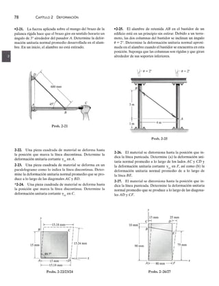 78zyxwvutsrqponmlkjihgfedcbaZYXWVUTSRQPONMLKJIHGFEDCBA
CAPíTULOzyxwvutsrqponmlkjihgfedcbaZYXWVUTSRQPONMLKJIHGFEDCBA
2 DEFORMACiÓNzyxwvutsrqponmlkjihgfedcbaZYXWVUTSRQPONMLKJIHGFEDCBA
-2-21. La fuerza aplicada sobre el mango del brazo de la
palanca rígida hace que el brazo gire en sentido horario un
ángulo de 3° alrededor del pasadorzyxwvutsrqponmlkjihgfedcbaZYXWVUTSRQPONMLKJIHGFEDCBA
A. Determine la defor-
mación unitaria normal promedio desarrollada en el alam-
bre. En un inicio, el alambre no está estirado.
e
Prob.2-21
2-22. Una pieza cuadrada de material se deforma hasta
la posición que marca la línea discontinua. Determine la
deformación unitaria cortante 'Yxy en A.
2-23. Una pieza cuadrada de material se deforma en un
paralelogramo como lo indica la línea discontinua. Deter-
mine la deformación unitaria normal promedio que se pro-
duce a lo largo de las diagonales AC y BD.
*2-24. Una pieza cuadrada de material se deforma hasta
la posición que marca la línea discontinua. Determine la
deformación unitaria cortante 'Yxy en C.
Probs.2-22/23/24
-2-25. El alambre de retenidazyxwvutsrqponmlkjihgfedcbaZYX
AB en el bastidor de un
edificio está en un principio sin estirar. Debido a un terre-
moto, las dos columnas del bastidor se inclinan un ángulo
(}= 2°. Determine la deformación unitaria normal aproxi-
mada en el alambre cuando el bastidor se encuentra en esta
posición. Suponga que las columnas son rígidas y que giran
alrededor de sus soportes inferiores.
Prob.2-25
2-26. El material se distorsiona hasta la posición que in-
dica la línea punteada. Determine (a) la deformación uni-
taria normal promedio a lo largo de los lados AC y CD y
la deformación unitaria cortante 'Y
xy en F, así como (b) la
deformación unitaria normal promedio de a lo largo de
la línea BE.
2-27. El material se distorsiona hasta la posición que in-
dica la línea punteada. Determine la deformación unitaria
normal promedio que se produce a lo largo de las diagona-
lesAD y CF.
10
Probs.2-26/27
 