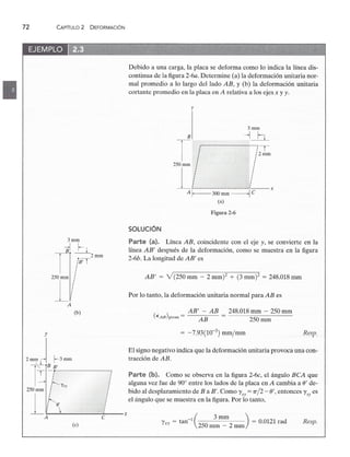 72 CAPíTULOzyxwvutsrqponmlkjihgfedcbaZYXWVUTSRQPONMLKJIHGFEDCBA
2 DEFORMACiÓN
3mmzyxwvutsrqponmlkjihgfedcbaZYXWVUTSRQPONMLKJIHGFE
~ h
TzyxwvutsrqponmlkjihgfedcbaZYXWVUTSRQPONMLKJIHGFEDCBA
j""TzyxwvutsrqponmlkjihgfedcbaZYXWVUTSRQPONMLKJIHGFEDCBA
2
-
250rnm :
11
A
(b)
y
2wnj f3~
-¡"r- "-~--:-----------------!'
250rnm! xy :
/ !
I~ ,
I ~ .¡
! ~
J/zyxwvutsrqponmlkjihgfedcbaZYXWVUTSRQPONMLKJIHGFEDCBA
A~~~~~~~~~C~---X
(e)
Debido a una carga, la placa se deforma como lo indica la línea dis-
continua de la figura 2-6a. Determine (a) la deformación unitaria nor-
mal promedio a lo largo del lado AB, Y (b) la deformación unitaria
cortante promedio en la placa en A relativa a los ejes x y y.
y
3mm
B --1 n
r---------------------1J:
I :
, I
250¡mm ! !
: /
l f
'-----------------------1----- X
A f--- 300 mm -------1 e
(a)
Figura 2-6
SOLUCiÓN
Parte (a). Línea AB, coincidente con el eje y, se convierte en la
línea AB1
después de la deformación, como se muestra en la figura
2-6b. La longitud de AB1
es
AB1
= Y(250mm - 2mm? + (3mm? = 248.018mm
Por lo tanto, la deformación unitaria normal para AB es
( )
_ AB' - AB _ 248.018 mm - 250 mm
EAB prom - AB - 250 mm
= -7.93(10-3) mm/mm Resp.
El signo negativo indica que la deformación unitaria provoca una con-
tracción de AB.
Parte (b). Como se observa en la figura 2-6c, el ángulo BCA que
alguna vez fue de 90° entre los lados de la placa en A cambia a e' de-
bido al desplazamiento de B a B'. Como 'Yxy = 71"/2
- e', entonces 'Yxy es
el ángulo que se muestra en la figura. Por lo tanto,
_ -1( 3 mm ) _
'Yxy - tan 250 - 0.0121 rad
mm - 2mm
Resp.
 
