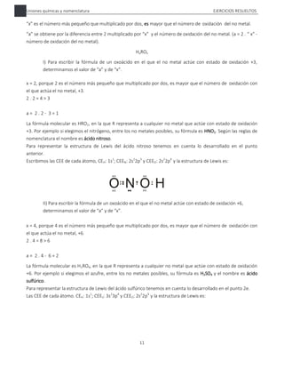 Uniones químicas y nomenclatura EJERCICIOS RESUELTOS
11
“x” es el número más pequeño que multiplicado por dos, es mayor que el número de oxidación del no metal.
“a” se obtiene por la diferencia entre 2 multiplicado por “x” y el número de oxidación del no metal. (a = 2 . “ x” -
número de oxidación del no metal).
HaROx
I) Para escribir la fórmula de un oxoácido en el que el no metal actúe con estado de oxidación +3,
determinamos el valor de “a” y de “x”.
x = 2, porque 2 es el número más pequeño que multiplicado por dos, es mayor que el número de oxidación con
el que actúa el no metal, +3.
2 . 2 = 4 > 3
a = 2 . 2 - 3 = 1
La fórmula molecular es HRO2, en la que R representa a cualquier no metal que actúe con estado de oxidación
+3. Por ejemplo si elegimos el nitrógeno, entre los no metales posibles, su fórmula es HNO2. Según las reglas de
nomenclatura el nombre es ácido nitroso.
Para representar la estructura de Lewis del ácido nitroso tenemos en cuenta lo desarrollado en el punto
anterior.
Escribimos las CEE de cada átomo, CEH: 1s1
; CEEN: 2s2
2p3
y CEEO: 2s2
2p4
y la estructura de Lewis es:
II) Para escribir la fórmula de un oxoácido en el que el no metal actúe con estado de oxidación +6,
determinamos el valor de “a” y de “x”.
x = 4, porque 4 es el número más pequeño que multiplicado por dos, es mayor que el número de oxidación con
el que actúa el no metal, +6.
2 . 4 = 8 > 6
a = 2 . 4 - 6 = 2
La fórmula molecular es H2RO4, en la que R representa a cualquier no metal que actúe con estado de oxidación
+6. Por ejemplo si elegimos el azufre, entre los no metales posibles, su fórmula es H2SO4 y el nombre es ácido
sulfúrico.
Para representar la estructura de Lewis del ácido sulfúrico tenemos en cuenta lo desarrollado en el punto 2e.
Las CEE de cada átomo. CEH: 1s1
; CEES: 3s2
3p4
y CEEO: 2s2
2p4
y la estructura de Lewis es:
 