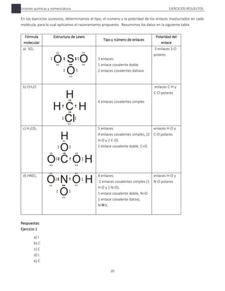 Uniones químicas y nomenclatura EJERCICIOS RESUELTOS
20
En los ejercicios sucesivos, determinamos el tipo, el número y la polaridad de los enlaces involucrados en cada
molécula, para lo cual aplicamos el razonamiento propuesto. Resumimos los datos en la siguiente tabla:
Fórmula
molecular
Estructura de Lewis
Tipo y número de enlaces
Polaridad del
enlace
a) SO3
3 enlaces:
1 enlace covalente doble
2 enlaces covalentes dativos
3 enlaces S-O
polares
b) CH3Cl
4 enlaces covalentes simples
enlaces C-H y
C-Cl polares
c) H2CO3 5 enlaces:
4 enlaces covalentes simples, (2
H-O y 2 C-O)
1 enlace covalente doble, C=O.
enlaces H-O y
C-O polares
d) HNO3. 4 enlaces:
2 enlaces covalentes simples (1
H-O y 1 N-O),
1 enlace covalente doble, N=O
1 enlace covalente dativo,
NO.
enlaces H-O y
N-O polares
Respuestas:
Ejercicio 1
a) I
b) C
c) C
d) I
e) C
 