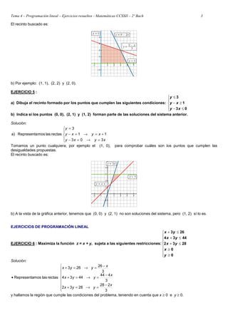 Tema 4 – Programación lineal – Ejercicios resueltos - Matemáticas CCSSII – 2º Bach 3
El recinto buscado es:
b) Por ejemplo: (1, 1), (2, 2) y (2, 0).
EJERCICIO 5 :
a) Dibuja el recinto formado por los puntos que cumplen las siguientes condiciones:





≤
−
≥
−
≤
0
3
1
3
x
y
x
y
y
b) Indica si los puntos (0, 0), (2, 1) y (1, 2) forman parte de las soluciones del sistema anterior.
Solución:





=
→
=
−
+
=
→
=
−
=
x
y
x
y
x
y
x
y
y
3
0
3
1
1
3
rectas
las
mos
Representa
a)
Tomamos un punto cualquiera; por ejemplo el (1, 0), para comprobar cuáles son los puntos que cumplen las
desigualdades propuestas.
El recinto buscado es:
b) A la vista de la gráfica anterior, tenemos que (0, 0) y (2, 1) no son soluciones del sistema, pero (1, 2) sí lo es.
EJERCICIOS DE PROGRAMACIÓN LINEAL
EJERCICIO 6 : Maximiza la función z = x + y, sujeta a las siguientes restricciones:









≥
≥
≤
+
≤
+
≤
+
0
0
28
3
2
44
3
4
26
3
y
x
y
x
y
x
y
x
Solución:









−
=
→
=
+
−
=
→
=
+
−
=
→
=
+
•
3
2
28
28
3
2
3
4
44
44
3
4
3
26
26
3
rectas
las
mos
Representa
x
y
y
x
x
y
y
x
x
y
y
x
y hallamos la región que cumple las condiciones del problema, teniendo en cuenta que x ≥ 0 e y ≥ 0.
 