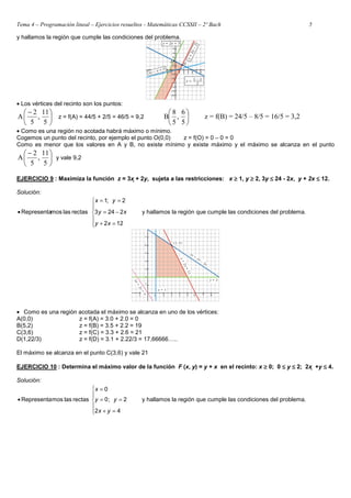 Tema 4 – Programación lineal – Ejercicios resueltos - Matemáticas CCSSII – 2º Bach 5
y hallamos la región que cumple las condiciones del problema.
• Los vértices del recinto son los puntos:





 −
5
11
,
5
2
A z = f(A) = 44/5 + 2/5 = 46/5 = 9,2 





5
6
,
5
8
B z = f(B) = 24/5 – 8/5 = 16/5 = 3,2
• Como es una región no acotada habrá máximo o mínimo.
Cogemos un punto del recinto, por ejemplo el punto O(0,0) z = f(O) = 0 – 0 = 0
Como es menor que los valores en A y B, no existe mínimo y existe máximo y el máximo se alcanza en el punto





 −
5
11
,
5
2
A y vale 9,2
EJERCICIO 9 : Maximiza la función z = 3x + 2y, sujeta a las restricciones: x ≥
≥
≥
≥ 1, y ≥
≥
≥
≥ 2, 3y ≤
≤
≤
≤ 24 - 2x, y + 2x ≤
≤
≤
≤ 12.
Solución:







=
+
−
=
=
=
•
12
2
2
24
3
2
;
1
rectas
las
mos
Representa
x
y
x
y
y
x
y hallamos la región que cumple las condiciones del problema.
• Como es una región acotada el máximo se alcanza en uno de los vértices:
A(0,0) z = f(A) = 3.0 + 2.0 = 0
B(5,2) z = f(B) = 3.5 + 2.2 = 19
C(3,6) z = f(C) = 3.3 + 2.6 = 21
D(1,22/3) z = f(D) = 3.1 + 2.22/3 = 17,66666…..
El máximo se alcanza en el punto C(3,6) y vale 21
EJERCICIO 10 : Determina el máximo valor de la función F (x, y) = y + x en el recinto: x ≥
≥
≥
≥ 0; 0 ≤
≤
≤
≤ y ≤
≤
≤
≤ 2; 2x  +y ≤
≤
≤
≤ 4.
Solución:







=
+
=
=
=
•
4
2
2
;
0
0
rectas
las
mos
Representa
y
x
y
y
x
y hallamos la región que cumple las condiciones del problema.
 