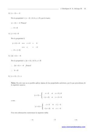 J. Rodr´ıguez S. A. Astorga M. 13
3.) |x − 3| = −3
Por la propiedad 1, |x − 3| ≥ 0, ∀x, x ∈ R, por lo tanto:
|x − 3| = −3 !Nunca!
∴ S = ∅
4.) |x + 8| = 0
Por la propiedad 2,
|x + 8| = 0 ⇐⇒ x + 8 = 0
⇐⇒ x = −8
∴ S = {−8}
5.) |2x + 3| = −9
Por la propiedad 1, |2x + 3| ≥ 0, ∀x, x ∈ R
∴ |2x + 3| = −9 ¡Nunca!
∴ S = ∅
6.) |x + 3| = 5 + x
Nota: En este caso no es posible aplicar alguna de las propiedades anteriores, por lo que procedemos de
la siguiente manera:
|x + 3| =



x + 3 si x + 3 ≥ 0
−(x + 3) si x + 3 < 0
o sea:
|x + 3| =



x + 3 si x ≥ −3
−(x + 3) si x < −3
Con esta informaci´on construimos la siguiente tabla:
−∞ −3 +∞
www.cienciamatematica.com
 