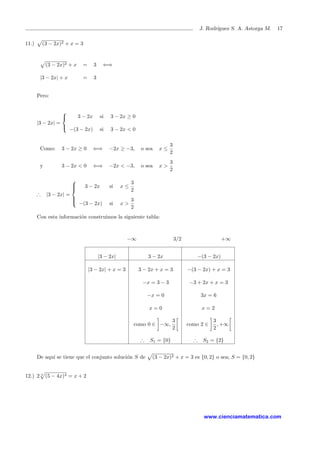 J. Rodr´ıguez S. A. Astorga M. 17
11.) (3 − 2x)2 + x = 3
(3 − 2x)2 + x = 3 ⇐⇒
|3 − 2x| + x = 3
Pero:
|3 − 2x| =



3 − 2x si 3 − 2x ≥ 0
−(3 − 2x) si 3 − 2x < 0
Como: 3 − 2x ≥ 0 ⇐⇒ −2x ≥ −3, o sea x ≤
3
2
y 3 − 2x < 0 ⇐⇒ −2x < −3, o sea x >
3
2
∴ |3 − 2x| =



3 − 2x si x ≤
3
2
−(3 − 2x) si x >
3
2
Con esta informaci´on construimos la siguiente tabla:
−∞ 3/2 +∞
|3 − 2x| 3 − 2x −(3 − 2x)
|3 − 2x| + x = 3 3 − 2x + x = 3 −(3 − 2x) + x = 3
−x = 3 − 3 −3 + 2x + x = 3
−x = 0 3x = 6
x = 0 x = 2
como 0 ∈ −∞,
3
2
como 2 ∈
3
2
, +∞
∴ S1 = {0} ∴ S2 = {2}
De aqu´ı se tiene que el conjunto soluci´on S de (3 − 2x)2 + x = 3 es {0, 2} o sea; S = {0, 2}
12.) 2 4
(5 − 4x)4 = x + 2
www.cienciamatematica.com
 