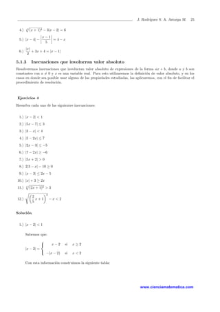 J. Rodr´ıguez S. A. Astorga M. 25
4.) 4
(x + 1)4 − 3|x − 2| = 6
5.) |x − 4| −
x − 1
5
= 4 − x
6.)
|x|
2
+ 3x + 4 = |x − 1|
5.1.3 Inecuaciones que involucran valor absoluto
Resolveremos inecuaciones que involucran valor absoluto de expresiones de la forma ax + b, donde a y b son
constantes con a = 0 y x es una variable real. Para esto utilizaremos la deﬁnici´on de valor absoluto, y en los
casos en donde sea posible usar alguna de las propiedades estudiadas, las aplicaremos, con el ﬁn de facilitar el
procedimiento de resoluci´on.
Ejercicios 4
Resuelva cada una de las siguientes inecuaciones:
1.) |x − 2| < 1
2.) |5x − 7| ≤ 3
3.) |3 − x| < 4
4.) |5 − 2x| ≤ 7
5.) |2x − 3| ≤ −5
6.) |7 − 2x| ≥ −6
7.) |5x + 2| > 0
8.) 2|3 − x| − 10 ≥ 0
9.) |x − 3| ≤ 2x − 5
10.) |x| + 3 ≥ 2x
11.) 6
(2x + 1)6 > 3
12.)
2
5
x + 1
2
− x < 2
Soluci´on
1.) |x − 2| < 1
Sabemos que:
|x − 2| =



x − 2 si x ≥ 2
−(x − 2) si x < 2
Con esta informaci´on construimos la siguiente tabla:
www.cienciamatematica.com
 