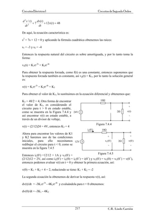 Circuitos Eléctricos I Circuitos de Segundo Orden
48
)
(
12
)
(
7
)
/
2
2
=
+
+ t
v
dt
t
dv
dt
t
v
d
De aquí, la ecuación ...