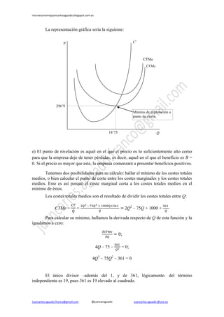 microeconomiajuancarlosaguado.blogspot.com.es
Juancarlos.aguado.franco@gmail.com @juancaraguado juancarlos.aguado @urjc.es
La representación gráfica sería la siguiente:
e) El punto de nivelación es aquel en el que el precio es lo suficientemente alto como
para que la empresa deje de tener pérdidas, es decir, aquel en el que el beneficio es B =
0. Si el precio es mayor que este, la empresa comenzará a presentar beneficios positivos.
Tenemos dos posibilidades para su cálculo: hallar el mínimo de los costes totales
medios, o bien calcular el punto de corte entre los costes marginales y los costes totales
medios. Esto es así porque el coste marginal corta a los costes totales medios en el
mínimo de éstos.
Los costes totales medios son el resultado de dividir los costes totales entre Q:
CTMe = =
–
2Q2
– 75Q + 1000 +
Para calcular su mínimo, hallamos la derivada respecto de Q de esta función y la
igualamos a cero:
;
4Q – 75 – = 0;
4Q3
– 75Q2
– 361 = 0
El único divisor –además del 1, y de 361, lógicamente- del término
independiente es 19, pues 361 es 19 elevado al cuadrado.
296’9
P1
P2
18’75
CTMe
P
P1
P2
C’
CVMe
Q
P1
P2
P1
P2
P1
P2
Mínimo de explotación o
punto de cierre
P1
P2
 