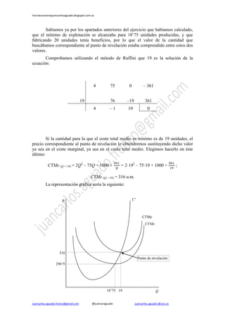microeconomiajuancarlosaguado.blogspot.com.es
Juancarlos.aguado.franco@gmail.com @juancaraguado juancarlos.aguado @urjc.es
Sabíamos ya por los apartados anteriores del ejercicio que habíamos calculado,
que el mínimo de explotación se alcanzaba para 18’75 unidades producidas, y que
fabricando 20 unidades tenía beneficios, por lo que el valor de la cantidad que
buscábamos correspondiente al punto de nivelación estaba comprendido entre estos dos
valores.
Comprobamos utilizando el método de Ruffini que 19 es la solución de la
ecuación:
4 75 0 – 361
19 76 –19 361
4 – 1 19 0
Si la cantidad para la que el coste total medio es mínimo es de 19 unidades, el
precio correspondiente al punto de nivelación lo obtendremos sustituyendo dicho valor
ya sea en el coste marginal, ya sea en el coste total medio. Elegimos hacerlo en éste
último:
CTMe (Q = 19) = 2Q2
– 75Q + 1000 + = 2·192
– 75·19 + 1000 + ;
CTMe (Q = 19) = 316 u.m.
La representación gráfica sería la siguiente:
19
316
296’9
P1
18’75
CTMe
P
P1
C’
CVMe
Q
Punto de nivelación
P1
 