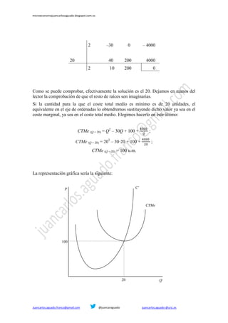 microeconomiajuancarlosaguado.blogspot.com.es
Juancarlos.aguado.franco@gmail.com @juancaraguado juancarlos.aguado @urjc.es
2 –30 0 – 4000
20 40 200 4000
2 10 200 0
Como se puede comprobar, efectivamente la solución es el 20. Dejamos en manos del
lector la comprobación de que el resto de raíces son imaginarias.
Si la cantidad para la que el coste total medio es mínimo es de 20 unidades, el
equivalente en el eje de ordenadas lo obtendremos sustituyendo dicho valor ya sea en el
coste marginal, ya sea en el coste total medio. Elegimos hacerlo en éste último:
CTMe (Q = 20) = Q2
– 30Q + 100 + ;
CTMe (Q = 20) = 202
– 30·20 + 100 + ;
CTMe (Q = 20) = 100 u.m.
La representación gráfica sería la siguiente:
20
100
P1
CTMe
P
P1
P2
C’
Q
 