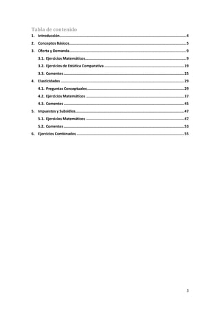 3
Tabla de contenido
1. Introducción.......................................................................................................................4
2. Conceptos Básicos..............................................................................................................5
3. Oferta y Demanda..............................................................................................................9
3.1. Ejercicios Matemáticos...............................................................................................9
3.2. Ejercicios de Estática Comparativa ...........................................................................19
3.3. Comentes .................................................................................................................25
4. Elasticidades ....................................................................................................................29
4.1. Preguntas Conceptuales...........................................................................................29
4.2. Ejercicios Matemáticos ............................................................................................37
4.3. Comentes .................................................................................................................45
5. Impuestos y Subsidios......................................................................................................47
5.1. Ejercicios Matemáticos ............................................................................................47
5.2. Comentes .................................................................................................................53
6. Ejercicios Combinados .....................................................................................................55
 