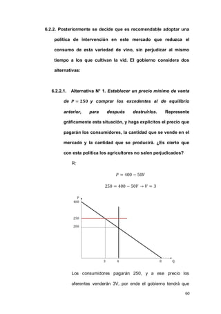 60
6.2.2. Posteriormente se decide que es recomendable adoptar una
política de intervención en este mercado que reduzca el
consumo de esta variedad de vino, sin perjudicar al mismo
tiempo a los que cultivan la vid. El gobierno considera dos
alternativas:
6.2.2.1. Alternativa N° 1. Establecer un precio mínimo de venta
de y comprar los excedentes al de equilibrio
anterior, para después destruirlos. Represente
gráficamente esta situación, y haga explícitos el precio que
pagarán los consumidores, la cantidad que se vende en el
mercado y la cantidad que se producirá. ¿Es cierto que
con esta política los agricultores no salen perjudicados?
R:
Los consumidores pagarán 250, y a ese precio los
oferentes venderán 3V, por ende el gobierno tendrá que
 