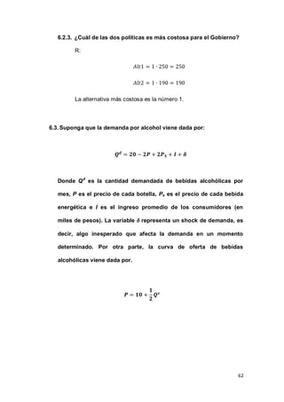 62
6.2.3. ¿Cuál de las dos políticas es más costosa para el Gobierno?
R:
La alternativa más costosa es la número 1.
6.3.Suponga que la demanda por alcohol viene dada por:
Donde Qd
es la cantidad demandada de bebidas alcohólicas por
mes, P es el precio de cada botella, Ps es el precio de cada bebida
energética e I es el ingreso promedio de los consumidores (en
miles de pesos). La variable representa un shock de demanda, es
decir, algo inesperado que afecta la demanda en un momento
determinado. Por otra parte, la curva de oferta de bebidas
alcohólicas viene dada por.
 