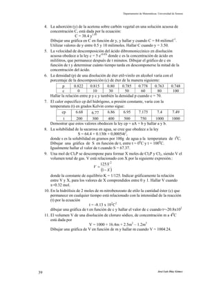 Departamento de Matemáticas. Universidad de Sonora
José Luis Díaz Gómez39
4. La adsorción (y) de la acetona sobre carbón vegetal en una solución acuosa de
concentración C, está dada por la ecuación:
C = 38.4 y1.85
Dibujar una gráfica en C en función de y, y hallar y cuando C = 84 milimol-1
.
Utilizar valores de y entre 0.5 y 10 milimoles. Hallar C cuando y = 3.50.
5. La velocidad de descomposición del ácido dibromoniccinico en disolución
acuosa obedece a la ley c = 5 e-0.03t
donde c es la concentración de ácido en
mililitros, que permanece después de t minutos. Dibujar el gráfico de c en
función de t y determinar cuánto tiempo tarda en descomponerse la mitad de la
concentración del ácido.
6. La densidad (p) de una disolución de éter etil-vinilo en alcohol varía con el
porcentaje de la descomposición (c) de éter de la manera siguiente:
p 0.822 0.815 0.80 0.785 0.778 0.763 0.748
c 0 10 30 50 60 80 100
Hallar la relación entre p y c y también la densidad p cuando c = 70.
7. El calor específico cp del hidrógeno, a presión constante, varía con la
temperatura (t) en grados Kelvin como sigue:
cp 6.68 6.77 6.86 6.95 7.175 7.4 7.49
t 200 300 400 500 750 1000 1000
Demostrar que estos valores obedecen la ley cp = aA + b y hallar a y b.
8. La solubilidad de la sacarosa en agua, se cree que obedece a la ley
S = 64.4 + 0.130t + 0,00054t2
,
donde s es la solubilidad en gramos por 100g de agua a la temperatura de t0
C.
Dibujar una gráfica de S en función de t, entre t = 00
C y t = 1000
C.
Igualmente hallar el valor de t cuando S = 67.37.
9. Una mol de Cl5P se descompone para formar X moles de Cl3P y Cl2, siendo V el
volumen total de gas. V está relacionado con X por la siguiente expresión.:
( )X
X
V
−
=
1
125 2
donde la constante de equilibrio K = 1/125. Indicar gráficamente la relación
entre V y X, para los valores de X comprendidos entre 0 y 1. Hallar V cuando
x=0.32 mol.
10. En la hidrólisis de 2 moles de m-nitrobenzoato de etilo la cantidad éster (c) que
permanece en cualquier tiempo está relacionado con la intensidad de la reacción
(t) por la ecuación
t = -8.13 x 102
C2
dibujar una gráfica de t en función de c y hallar el valor de c cuando t=-20.8x102
11. El volumen V de una disolución de cloruro sódico, de concentración m a 40
C
está dada por
V = 1000 + 16.4m + 2.5m2
– 1.2m3
Dibujar una gráfica de V en función de m y hallar m cuando V = 1004.24.
 
