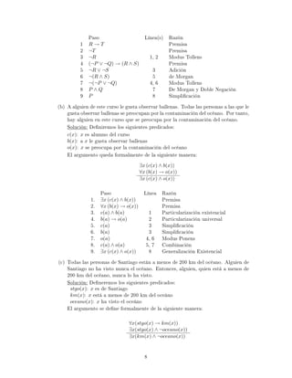 Paso Línea(s) Razón
1 R → T Premisa
2 ¬T Premisa
3 ¬R 1, 2 Modus Tollens
4 (¬P ∨ ¬Q) → (R ∧ S) Premisa
5 ¬R ∨ ¬S 3 Adición
6 ¬(R ∧ S) 5 de Morgan
7 ¬(¬P ∨ ¬Q) 4, 6 Modus Tollens
8 P ∧ Q 7 De Morgan y Doble Negación
9 P 8 Simplicación
(b) A alguien de este curso le gusta observar ballenas. Todas las personas a las que le
gusta observar ballenas se preocupan por la contaminación del océano. Por tanto,
hay alguien en este curso que se preocupa por la contaminación del océano.
Solución: Deniremos los siguientes predicados:
c(x): x es alumno del curso
b(x): a x le gusta observar ballenas
o(x): x se preocupa por la contaminación del océano
El argumento queda formalmente de la siguiente manera:
∃x (c(x) ∧ b(x))
∀x (b(x) → o(x))
∃x (c(x) ∧ o(x))
Paso Línea Razón
1. ∃x (c(x) ∧ b(x)) Premisa
2. ∀x (b(x) → o(x)) Premisa
3. c(a) ∧ b(a) 1 Particularización existencial
4. b(a) → o(a) 2 Particularización universal
5. c(a) 3 Simplicación
6. b(a) 3 Simplicación
7. o(a) 4, 6 Modus Ponens
8. c(a) ∧ o(a) 5, 7 Combinación
9. ∃x (c(x) ∧ o(x)) 8 Generalización Existencial
(c) Todas las personas de Santiago están a menos de 200 km del océano. Alguien de
Santiago no ha visto nunca el océano. Entonces, alguien, quien está a menos de
200 km del océano, nunca lo ha visto.
Solución: Deneremos los siguientes predicados:
stgo(x): x es de Santiago
km(x): x está a menos de 200 km del oceáno
oceano(x): x ha visto el oceáno
El argumento se dene formalmente de la siguiente manera:
∀x(stgo(x) → km(x))
∃x(stgo(x) ∧ ¬oceano(x))
∃x(km(x) ∧ ¬oceano(x))
8
 