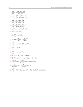 8 Ecuaciones diferenciales ordinarias
5.
ds
dt
D
.2t C 1/.2s 1/
2.t2 C t/
.
6.
ds
dt
D
.s3
s/.4t3
6t/
.t4 3t2/.3s2 1/
.
7.
du
dt
D
.u C 1/.t C 1/
.u C 2/.t 1/
.
8.
dt
du
D
tu C u C 3t C 3
tu C 2u t 2
.
9. x2
y 0
D 1 x2
C y2
x2
y2
.
10. xy 0
y D 2x2
y .
11. 4tx
dx
dt
D x2
C 1 .
12. .y ln x/ 1 dy
dx
D
x
y C 1
2
.
13.
dÂ
dt
D .cos t/.cos 2Â cos2
Â/ .
14.
dy
dt
D e 2tC3y
.
15.
dy
dx
C y D yxexC2
.
16. ex
y dy .e y
C e2x y
/ dx D 0 .
17. 2tx2
C 2t C .t4
C 1/x 0
D 0 con x.0/ D 1 .
18.
2r 1
t
dr C
r 2r2
t2 1
dt D 0 con r.2/ D 4 .
19.
1
.y 1/2
dx C
1
p
x2 C 4
dy D 0 .
20.
dT
dt
D k.T T1/; con T.0/ D T0I k, T0, T1 constantes .
 