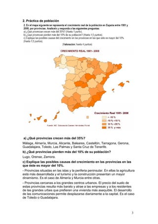 2. Práctica de población
a) ¿Qué provincias crecen más del 35%?
Málaga, Almería, Murcia, Alicante, Baleares, Castellón, Tarragona, Gerona,
Guadalajara, Toledo, Las Palmas y Santa Cruz de Tenerife.
b) ¿Qué provincias pierden más del 10% de su población?
Lugo, Orense, Zamora.
c) Explique las posibles causas del crecimiento en las provincias en las
que éste es mayor del 10%.
- Provincias situadas en las islas y la periferia peninsular. En ellas la agricultura
está más desarrollada y el turismo y la construcción presentan un mayor
dinamismo. Es el caso de Almería y Murcia entre otras.
- Provincias cercanas a los grandes centros urbanos. El precio del suelo de
estas provincias resulta más barato y atrae a las empresas y a los residentes
de las grandes urbes que prefieren una vivienda más asequible. El desarrollo
de las comunicaciones permite desplazarse diariamente a la capital. Es el caso
de Toledo o Guadalajara.
3
 