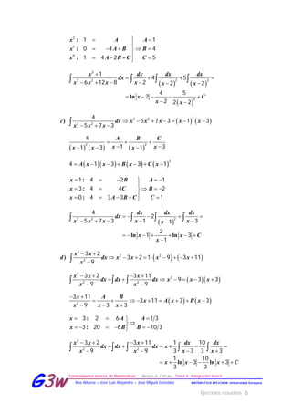 Ejercicios resueltos 6
Conocimientos básicos de Matemáticas. Bloque 4. Cálculo. Tema 6. Integración básica
MATEMÁTICA APLICADA- Universidad ZaragozaAna Allueva – José Luis Alejandre – José Miguel González
GG33ww
 

    
   
:
:
:
2
1
0
1 1
0 4 4
1 4 2 5
x A A
x A B B
x A B C C
   
 

   
     
    
 
   
ln
2
2 33 2
2
1
4 5
6 12 8 2 2 2
4 5
2
2 2 2
x dx dx dx
dx
x x x x x x
x C
x x
   )c dx x x x x x
x x x
      
  
23 2
3 2
4
5 7 3 1 3
5 7 3
     
A B C
x xx x x
  
   
2 2
4
1 31 3 1
      A x x B x C x      
2
4 1 3 3 1
:
:
:
x B A
x C B
x A B C C
    

    
    
1 4 2 1
3 4 4 2
0 4 3 3 1
 
ln ln
dx dx dx
dx
x x x x xx
x x C
x
    
    
      

   23 2
4
2
5 7 3 1 31
2
1 3
1
   )
x x
d dx x x x x
x
 
        

2
2 2
2
3 2
3 2 1 9 3 11
9
  
x x x
dx dx dx x x x
x x
   
      
   
2
2
2 2
3 2 3 11
9 3 3
9 9
x A B
x x x
 
 
  2
3 11
9 3 3
   x A x B x      3 11 3 3
:
:
x A A
x B B
  

     
3 2 6 1 3
3 20 6 10 3
ln ln
x x x dx dx
dx dx dx x
x x x x
x x x C
   
     
   
     
    
2
2 2
3 2 3 11 1 10
9 9 3 3 3 3
1 10
3 3
3 3
 