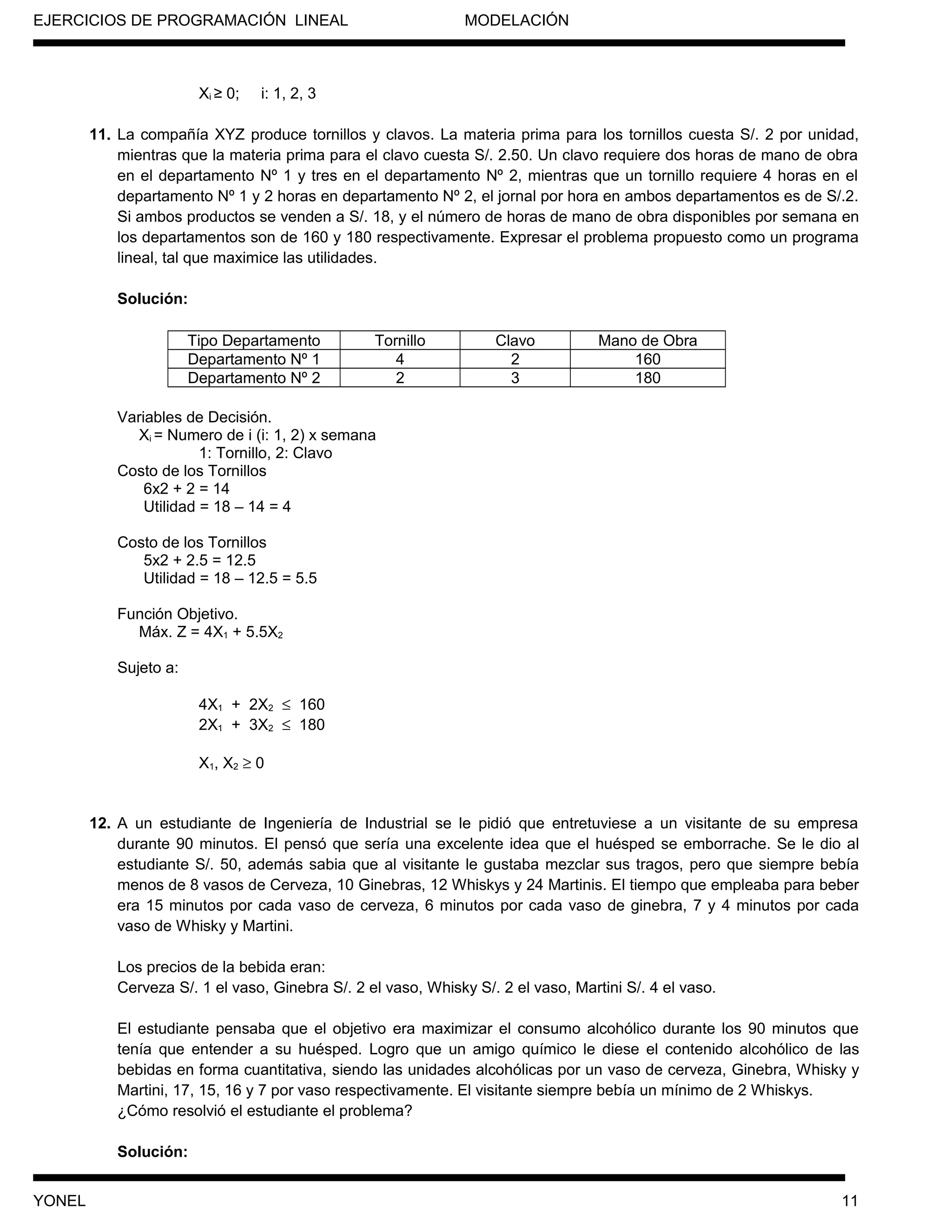 EJERCICIOS DE PROGRAMACIÓN LINEAL MODELACIÓN
Xi ≥ 0; i: 1, 2, 3
11. La compañía XYZ produce tornillos y clavos. La materia prima para los tornillos cuesta S/. 2 por unidad,
mientras que la materia prima para el clavo cuesta S/. 2.50. Un clavo requiere dos horas de mano de obra
en el departamento Nº 1 y tres en el departamento Nº 2, mientras que un tornillo requiere 4 horas en el
departamento Nº 1 y 2 horas en departamento Nº 2, el jornal por hora en ambos departamentos es de S/.2.
Si ambos productos se venden a S/. 18, y el número de horas de mano de obra disponibles por semana en
los departamentos son de 160 y 180 respectivamente. Expresar el problema propuesto como un programa
lineal, tal que maximice las utilidades.
Solución:
Tipo Departamento Tornillo Clavo Mano de Obra
Departamento Nº 1 4 2 160
Departamento Nº 2 2 3 180
Variables de Decisión.
Xi = Numero de i (i: 1, 2) x semana
1: Tornillo, 2: Clavo
Costo de los Tornillos
6x2 + 2 = 14
Utilidad = 18 – 14 = 4
Costo de los Tornillos
5x2 + 2.5 = 12.5
Utilidad = 18 – 12.5 = 5.5
Función Objetivo.
Máx. Z = 4X1 + 5.5X2
Sujeto a:
4X1 + 2X2 ≤ 160
2X1 + 3X2 ≤ 180
X1, X2 ≥ 0
12. A un estudiante de Ingeniería de Industrial se le pidió que entretuviese a un visitante de su empresa
durante 90 minutos. El pensó que sería una excelente idea que el huésped se emborrache. Se le dio al
estudiante S/. 50, además sabia que al visitante le gustaba mezclar sus tragos, pero que siempre bebía
menos de 8 vasos de Cerveza, 10 Ginebras, 12 Whiskys y 24 Martinis. El tiempo que empleaba para beber
era 15 minutos por cada vaso de cerveza, 6 minutos por cada vaso de ginebra, 7 y 4 minutos por cada
vaso de Whisky y Martini.
Los precios de la bebida eran:
Cerveza S/. 1 el vaso, Ginebra S/. 2 el vaso, Whisky S/. 2 el vaso, Martini S/. 4 el vaso.
El estudiante pensaba que el objetivo era maximizar el consumo alcohólico durante los 90 minutos que
tenía que entender a su huésped. Logro que un amigo químico le diese el contenido alcohólico de las
bebidas en forma cuantitativa, siendo las unidades alcohólicas por un vaso de cerveza, Ginebra, Whisky y
Martini, 17, 15, 16 y 7 por vaso respectivamente. El visitante siempre bebía un mínimo de 2 Whiskys.
¿Cómo resolvió el estudiante el problema?
Solución:
YONEL 11
 