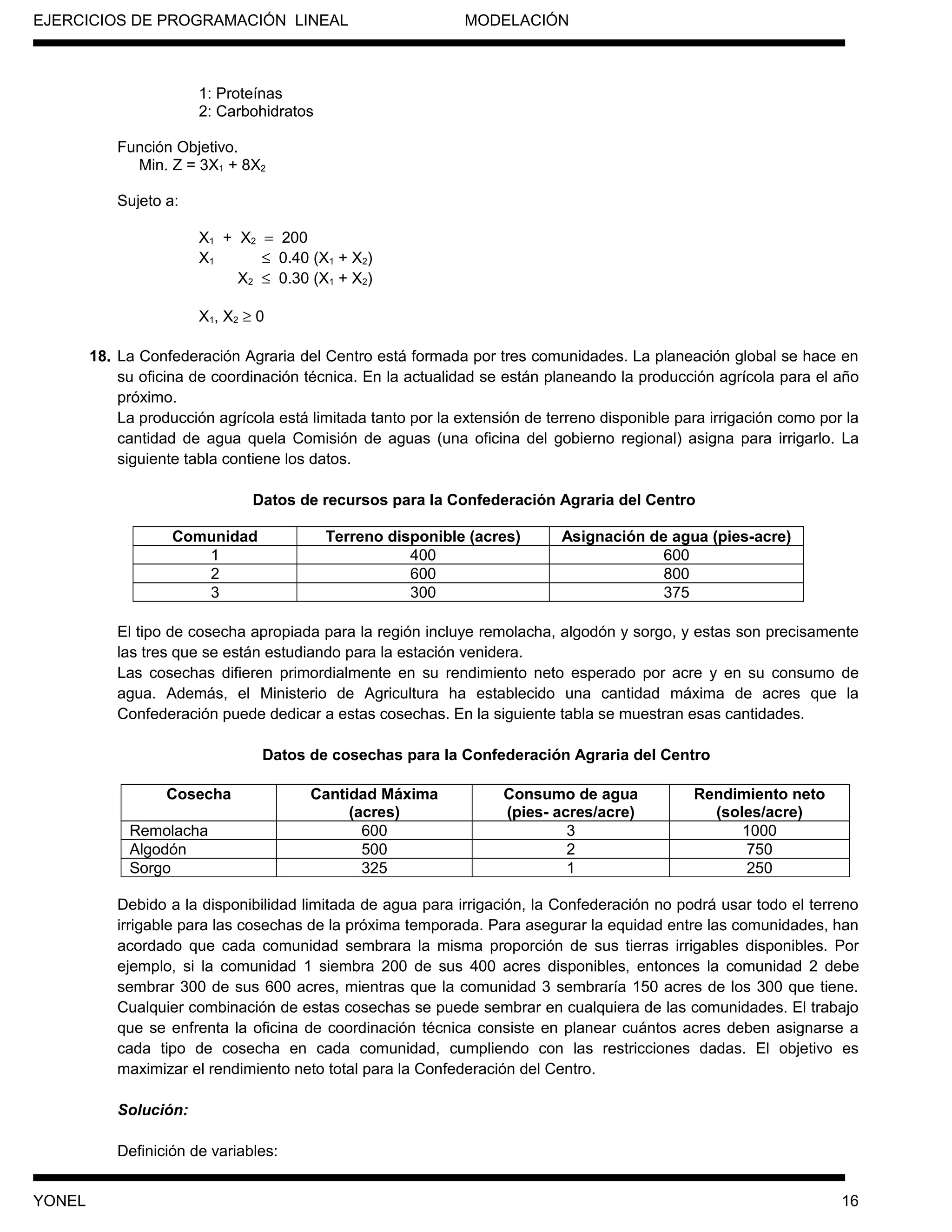EJERCICIOS DE PROGRAMACIÓN LINEAL MODELACIÓN
1: Proteínas
2: Carbohidratos
Función Objetivo.
Min. Z = 3X1 + 8X2
Sujeto a:
X1 + X2 = 200
X1 ≤ 0.40 (X1 + X2)
X2 ≤ 0.30 (X1 + X2)
X1, X2 ≥ 0
18. La Confederación Agraria del Centro está formada por tres comunidades. La planeación global se hace en
su oficina de coordinación técnica. En la actualidad se están planeando la producción agrícola para el año
próximo.
La producción agrícola está limitada tanto por la extensión de terreno disponible para irrigación como por la
cantidad de agua quela Comisión de aguas (una oficina del gobierno regional) asigna para irrigarlo. La
siguiente tabla contiene los datos.
Datos de recursos para la Confederación Agraria del Centro
Comunidad Terreno disponible (acres) Asignación de agua (pies-acre)
1 400 600
2 600 800
3 300 375
El tipo de cosecha apropiada para la región incluye remolacha, algodón y sorgo, y estas son precisamente
las tres que se están estudiando para la estación venidera.
Las cosechas difieren primordialmente en su rendimiento neto esperado por acre y en su consumo de
agua. Además, el Ministerio de Agricultura ha establecido una cantidad máxima de acres que la
Confederación puede dedicar a estas cosechas. En la siguiente tabla se muestran esas cantidades.
Datos de cosechas para la Confederación Agraria del Centro
Cosecha Cantidad Máxima
(acres)
Consumo de agua
(pies- acres/acre)
Rendimiento neto
(soles/acre)
Remolacha 600 3 1000
Algodón 500 2 750
Sorgo 325 1 250
Debido a la disponibilidad limitada de agua para irrigación, la Confederación no podrá usar todo el terreno
irrigable para las cosechas de la próxima temporada. Para asegurar la equidad entre las comunidades, han
acordado que cada comunidad sembrara la misma proporción de sus tierras irrigables disponibles. Por
ejemplo, si la comunidad 1 siembra 200 de sus 400 acres disponibles, entonces la comunidad 2 debe
sembrar 300 de sus 600 acres, mientras que la comunidad 3 sembraría 150 acres de los 300 que tiene.
Cualquier combinación de estas cosechas se puede sembrar en cualquiera de las comunidades. El trabajo
que se enfrenta la oficina de coordinación técnica consiste en planear cuántos acres deben asignarse a
cada tipo de cosecha en cada comunidad, cumpliendo con las restricciones dadas. El objetivo es
maximizar el rendimiento neto total para la Confederación del Centro.
Solución:
Definición de variables:
YONEL 16
 