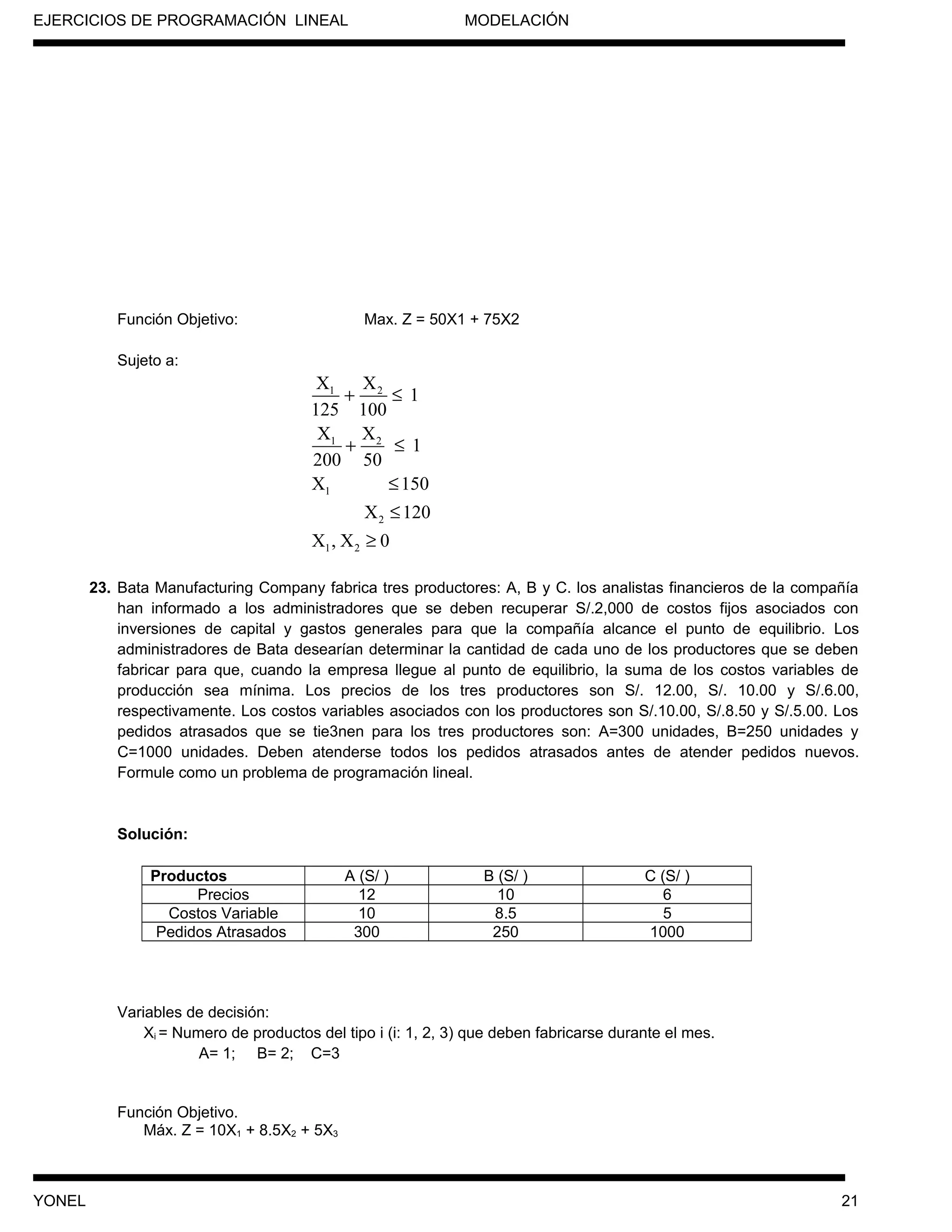 EJERCICIOS DE PROGRAMACIÓN LINEAL MODELACIÓN
Función Objetivo: Max. Z = 50X1 + 75X2
Sujeto a:
1 2
1 2
1
2
1 2
X X
1
125 100
X X
1
200 50
X 150
X 120
X , X 0
+ ≤
+ ≤
≤
≤
≥
23. Bata Manufacturing Company fabrica tres productores: A, B y C. los analistas financieros de la compañía
han informado a los administradores que se deben recuperar S/.2,000 de costos fijos asociados con
inversiones de capital y gastos generales para que la compañía alcance el punto de equilibrio. Los
administradores de Bata desearían determinar la cantidad de cada uno de los productores que se deben
fabricar para que, cuando la empresa llegue al punto de equilibrio, la suma de los costos variables de
producción sea mínima. Los precios de los tres productores son S/. 12.00, S/. 10.00 y S/.6.00,
respectivamente. Los costos variables asociados con los productores son S/.10.00, S/.8.50 y S/.5.00. Los
pedidos atrasados que se tie3nen para los tres productores son: A=300 unidades, B=250 unidades y
C=1000 unidades. Deben atenderse todos los pedidos atrasados antes de atender pedidos nuevos.
Formule como un problema de programación lineal.
Solución:
Productos A (S/ ) B (S/ ) C (S/ )
Precios 12 10 6
Costos Variable 10 8.5 5
Pedidos Atrasados 300 250 1000
Variables de decisión:
Xi = Numero de productos del tipo i (i: 1, 2, 3) que deben fabricarse durante el mes.
A= 1; B= 2; C=3
Función Objetivo.
Máx. Z = 10X1 + 8.5X2 + 5X3
YONEL 21
 