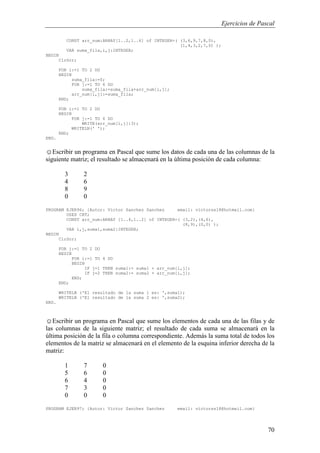 Ejercicios de Pascal
70
CONST arr_num:ARRAY[1..2,1..6] of INTEGER=( (3,6,9,7,8,0),
(1,4,3,2,7,0) );
VAR suma_fila,i,j:INTEGER;
BEGIN
ClrScr;
FOR i:=1 TO 2 DO
BEGIN
suma_fila:=0;
FOR j:=1 TO 6 DO
suma_fila:=suma_fila+arr_num[i,j];
arr_num[i,j]:=suma_fila;
END;
FOR i:=1 TO 2 DO
BEGIN
FOR j:=1 TO 6 DO
WRITE(arr_num[i,j]:3);
WRITELN(' ');
END;
END.
☺Escribir un programa en Pascal que sume los datos de cada una de las columnas de la
siguiente matriz; el resultado se almacenará en la última posición de cada columna:
3 2
4 6
8 9
0 0
PROGRAM EJER96; {Autor: Victor Sanchez Sanchez email: victorss18@hotmail.com}
USES CRT;
CONST arr_num:ARRAY [1..4,1..2] of INTEGER=( (3,2),(4,6),
(8,9),(0,0) );
VAR i,j,suma1,suma2:INTEGER;
BEGIN
ClrScr;
FOR j:=1 TO 2 DO
BEGIN
FOR i:=1 TO 4 DO
BEGIN
IF j=1 THEN suma1:= suma1 + arr_num[i,j];
IF j=2 THEN suma2:= suma2 + arr_num[i,j];
END;
END;
WRITELN ('El resultado de la suma 1 es: ',suma1);
WRITELN ('El resultado de la suma 2 es: ',suma2);
END.
☺Escribir un programa en Pascal que sume los elementos de cada una de las filas y de
las columnas de la siguiente matriz; el resultado de cada suma se almacenará en la
última posición de la fila o columna correspondiente. Además la suma total de todos los
elementos de la matriz se almacenará en el elemento de la esquina inferior derecha de la
matriz:
1 7 0
5 6 0
6 4 0
7 3 0
0 0 0
PROGRAM EJER97; {Autor: Victor Sanchez Sanchez email: victorss18@hotmail.com}
 