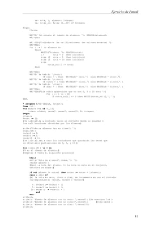 Ejercicios de Pascal
81
var nota, i, alumnos: Integer;
var notas_no: Array [1..30] of Integer;
Begin
ClrScr;
WRITE('Introduzca el numero de alumnos: '); READLN(alumnos);
WRITELN;
WRITELN('Introduzca las calificaciones: (en valores enteros) ');
WRITELN;
For i := 1 to alumnos do
Begin
WRITE('Alumno: '); READLN(nota);
If nota = 0 then inc(cero)
else if nota = 5 then inc(cinco)
else if nota = 10 then inc(diez)
else
notas_no[i] := nota;
End;
WRITELN;
WRITE('Ha habido ',cero);
If cero = 1 then WRITELN(' cero.') else WRITELN(' ceros.');
WRITE('Ha habido ',cinco);
If cinco = 1 then WRITELN(' cinco.') else WRITELN(' cincos.');
WRITE('Ha habido ',diez);
If diez = 1 then WRITELN(' diez.') else WRITELN(' dieces.');
WRITELN;
WRITELN('Las notas aparecidas que no son 0, 5 o 10 son: ');
For i := 1 to i DO
IF notas_no[i] <> 0 then WRITE(notas_no[i],', ');
END.
* program EJ003(Input, Output);
Uses Crt;
var Notas: Set of 0..10;
index, alumno, veces0, veces5, veces10, N: integer;
begin
clrscr;
Notas := [];
{Se inicializa a conjunto vacío el conjunto donde se guardar n
las calificaciones obtenidas por los alumnos}
write('Cuántos alumnos hay en clase?: ');
readln(N);
veces0 := 0;
veces5 := 0;
veces10 := 0;
{Se inicializan a cero los contadores que guardarán las veces que
se obtuvieron puntuaciones de 0, 5, y 10 }
for index := 1 to N do
{N es el número de alumnos.}
{Repetir N veces el siguiente proceso:}
begin
write('Nota de alumno(',index,'): ');
readln(alumno);
{Leer la nota del alumno. Si la nota no esta en el conjunto,
entonces se añade:}
if not(alumno in notas) then notas := notas + [alumno];
case alumno of
{si la nota es cero, cinco o diez, se incrementa en uno el contador
correspondiente: veces0, veces5 o veces10}
0: veces0 := veces0 + 1;
5: veces5 := veces5 + 1;
10: veces10 := veces10 + 1
end
end;
writeln;
writeln('Número de alumnos con un cero: ',veces0); {Se muestran los }
writeln('Número de alumnos con un cinco:',veces5); {resultados }
writeln('Número de alumnos con un diez: ',veces10);
writeln;
 