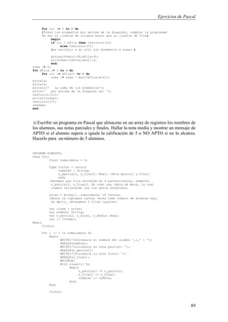 Ejercicios de Pascal
89
for col := 1 to N do
{Todos los elementos por encima de la diagonal, cumplen la propiedad
de ser su ¡índice de columna mayor que su ¡índice de fila}
begin
if col > mfila then textcolor(12)
else textcolor(7);
{se escribir n en rojo los elementos a sumar.}
gotoxy(4*mcol+18,mfila+4);
write(mat1[mfila,mcol]:2)
end;
suma := 0;
for mfila := 1 to N do
for col := mfila+1 to N do
suma := suma + mat1[mfila,mcol];
writeln;
writeln;
writeln(' La suma de los elementos');
write(' por encima de la diagonal es: ');
textcolor(12);
writeln(suma);
textcolor(7);
readkey
end.
☺Escribir un programa en Pascal que almacene en un array de registros los nombres de
los alumnos, sus notas parciales y finales. Hallar la nota media y mostrar un mensaje de
APTO si el alumno supera o iguala la calificación de 5 o NO APTO si no lo alcanza.
Hacerlo para un número de 5 alumnos.
PROGRAM EJER009;
Uses Crt;
Const numalumnos = 5;
Type tnotas = record
nombre2 : String;
n_parcial2, n_final2: Real; {Nota parcial y final}
end;
{Hacemos una fila dividida en 4 partes:tnotas, nombre2,
n_parcial2, n_final2. Es como una tabla de Word, la cual
iremos rellenando con los datos obtenidos}
notas = Array[1..numalumnos] of tnotas;
{Ahora la copiamos tantas veces como numero de alumnos hay,
es decir, obtenemos 5 filas iguales}
var clase : notas;
var nombre: String;
var n_parcial, n_final, n_media: Real;
var i: Integer;
Begin
ClrScr;
For i := 1 to numalumnos Do
Begin
WRITE('Introduzca el nombre del alumno ',i,' : ');
READLN(nombre);
WRITE('Introduzca su nota parcial: ');
READLN(n_parcial);
WRITE('Introduzca su nota final: ');
READLN(n_final);
WRITELN;
With clase[i] Do
Begin
n_parcial2 := n_parcial;
n_final2 := n_final;
nombre2 := nombre;
End;
End;
ClrScr;
 