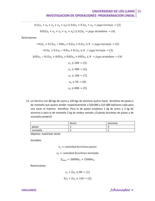 UNIVERSIDAD DE LOS LLANO 20
                    INVESTIGACION DE OPERACIONES -PROGRAMACION LINEAL




factorizamos:




   13. un herrero con 80 kgs de acero y 120 kgs de aluminio quiere hacer bicicletas de paseo y
       de montaña que quiere vender respectivamente a $20.000 y $15.000 bolívares cada para
       una sacar el máximo beneficio. Para la de paseo empleara 1 kg de acero y 3 kg de
       aluminio y para la de montaña 2 kg de ambos metales ¿Cuántas bicicletas de paseo y de
       montaña venderá?

                                        Acero                           aluminio
        paseo                           1                               3
        montaña                         2                               2
       Objetivo: maximizar venta

       Variables:




       Restricciones:




UNILLANOS                                                                 Johanastar 
 