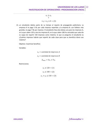 UNIVERSIDAD DE LOS LLANO 22
                   INVESTIGACION DE OPERACIONES -PROGRAMACION LINEAL




  15. un estudiante dedica parte de su tiempo al reparto de propaganda publicitaria. La
      empresa A le paga 5 Bs por cada impreso repartido y la empresa B. con folletos más
      grandes, le paga 7 Bs por impreso. El estudiante lleva dos bolsas una para los impresos A,
      en la que caben 120 y otra los impresos B, en la que caben 100 ha calculado que cada día
      es capaz de repartir 150 impresos como máximo, lo que se pregunta el estudiante es
      ¿Cuántos impresos habrán que repartir de cada clase para que su beneficio diario sea
      máximo?

     Objetivo: maximizar beneficio

     Variables:




     Restricciones:




UNILLANOS                                                                  Johanastar 
 