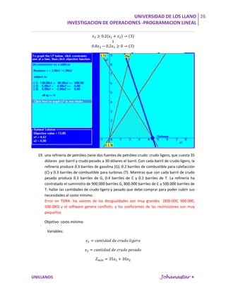 UNIVERSIDAD DE LOS LLANO 26
                    INVESTIGACION DE OPERACIONES -PROGRAMACION LINEAL




  19. una refinería de petróleo tiene dos fuentes de petróleo crudo: crudo ligero, que cuesta 35
      dólares por barril y crudo pesado a 30 dólares el barril. Con cada barril de crudo ligero, la
      refinería produce 0.3 barriles de gasolina (G), 0.2 barriles de combustible para calefacción
      (C) y 0.3 barriles de combustible para turbinas (T). Mientras que con cada barril de crudo
      pesado produce 0.3 barriles de G, 0.4 barriles de C y 0.2 barriles de T. La refinería ha
      contratado el suministro de 900.000 barriles G, 800.000 barriles de C y 500.000 barriles de
      T. hallar las cantidades de crudo ligero y pesado que debe comprar para poder cubrir sus
      necesidades al costo mínimo.
      Error en TORA: los valores de las desigualdades son muy grandes (800.000, 900.000,
      500.000) y el software genera conflicto, y los coeficientes de las restricciones son muy
      pequeños

     Objetivo: costo mínimo

       Variables:




UNILLANOS                                                                    Johanastar 
 