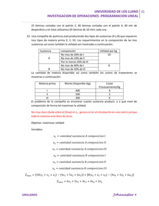 UNIVERSIDAD DE LOS LLANO 31
                   INVESTIGACION DE OPERACIONES -PROGRAMACION LINEAL

     25 láminas cortadas con el patrón 2, 40 láminas cortadas con el patrón 4, 40 mtr de
     desperdicio y en total utilizamos 65 láminas de 10 mtrs cada una.

  23. Una compañía de químicos está produciendo dos tipos de sustancias (A y B) que requieren
      tres tipos de materia prima (I, II, III). Los requerimientos en la composición de las tres
      sustancias así como también la utilidad son mostrados a continuación:

             Sustancia       composición                Utilidad por kg
                             No mas de 20% de I                10
                  A          No mas de 10% de II
                             Por lo menos 20% de III
                             No mas de 40% de I                 8
                  B          No mas de 50% de III
     La cantidad de materia disponible así como también los costos de tratamiento se
     muestran a continuación:

            Materia prima           Monto Disponible (kg)      Costo
                                                         Procesamiento/Kg
                 I                        400                    4
                 II                       500                    5
                III                       300                    6
     El problema de la compañía es encontrar cuanta sustancia producir, y a qué nivel de
     composición de forma tal maximizar la utilidad.

     No muy claro (duda sobre el Zmax) el       genera error al introducirlo en una matriz porque
     toda la columna está llena de ceros

     Objetivo: maximizar utilidad

     Variables:




UNILLANOS                                                                   Johanastar 
 