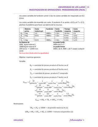 UNIVERSIDAD DE LOS LLANO 34
                    INVESTIGACION DE OPERACIONES -PROGRAMACION LINEAL

       Los costos variables de fundición suman 1 $/u los costos variables de maquinado son 0.2
       $/min.

       Los costos variables de ensamble son nulos. El producto se vende a 10 $ y el    a 12 $.
       plantear el problema para hacer uso óptimo de los recursos.

              Materia         Costo         fundición      Costo      Tiempo   Costo
              prima           materia pri                  fundición maquina maquina
              5 kg            1$            3000 u         1 $/u      10 min   2$
              4 kg            0.4 $         3000 u         1 $/u      8 min    1,6 $
              -               -             -              -          6 min    1,2 $
              2 kg            0.4 $         3000 u         1 $/u      6 min    1,2 $
       Se dispone de                                    se puede fundir
       2000 kg de material                              3000u de
       10000 kg de material                             se puede Armar
                                                        2000 u de , 4000 u de acepta cualquier
       comb
       No muy claro (duda sobre las igualdades)

       Objetivo: maximizar ganancia

       Variable:




Restricciones:




UNILLANOS                                                                  Johanastar 
 